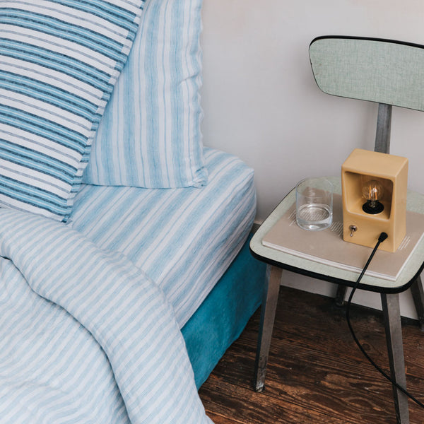 Drap-housse en lin lavé - Rayures Toile Bleu Primaire