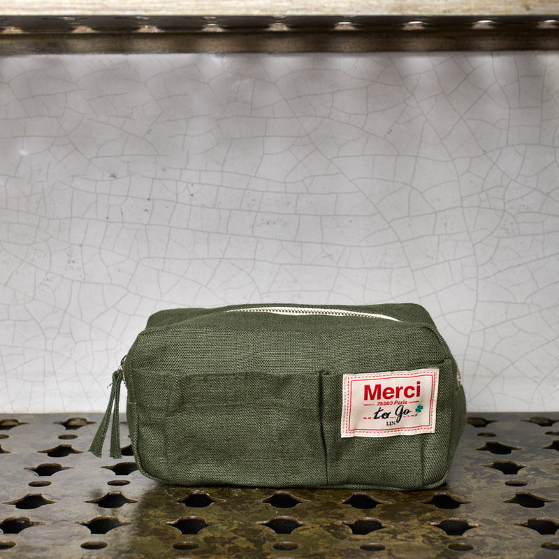 Merci - Trousse en lin lavé - Vert Oxyde