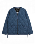 Veste matelassée Merci Paris Taion en denim indigo avec col en V, fermeture zippée et motif onion quilting