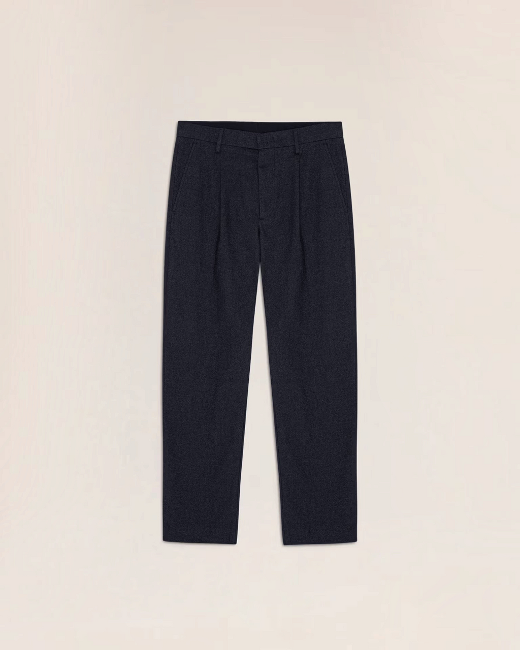 Pantalon Bill Merci Paris en sergé chiné bleu marine, coupe décontractée à jambes fuselées et taille mi-haute