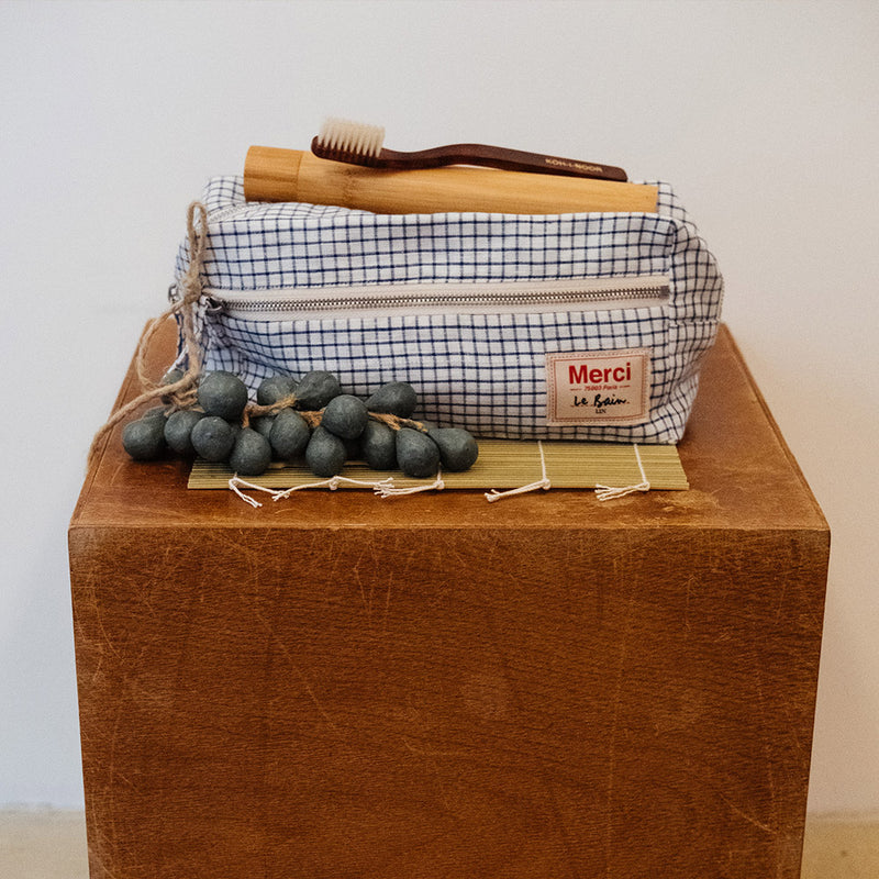 Trousse de toilette en lin lavé - Carreaux Bleu Shibori