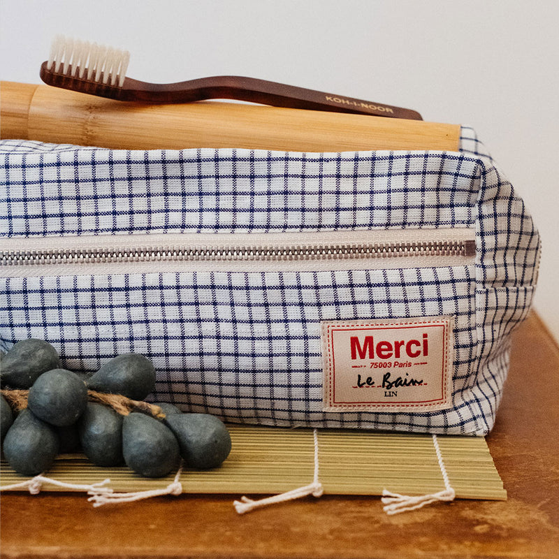 Trousse de toilette en lin lavé - Carreaux Bleu Shibori