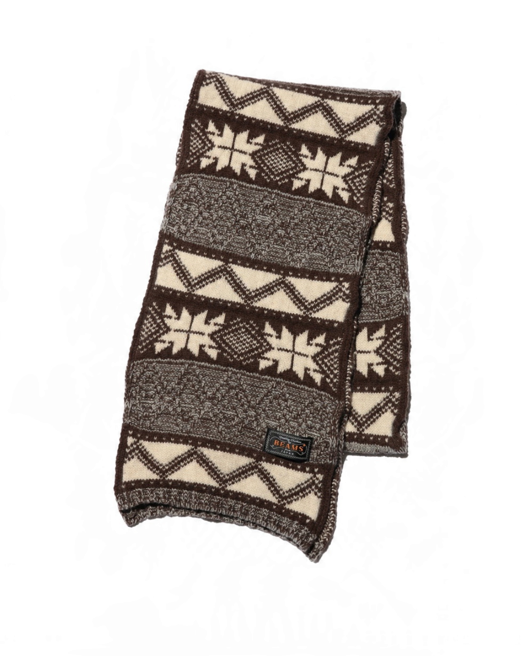 Écharpe Merci Paris Beams Plus en laine marron avec motifs jacquard hivernaux et maille torsadée vintage