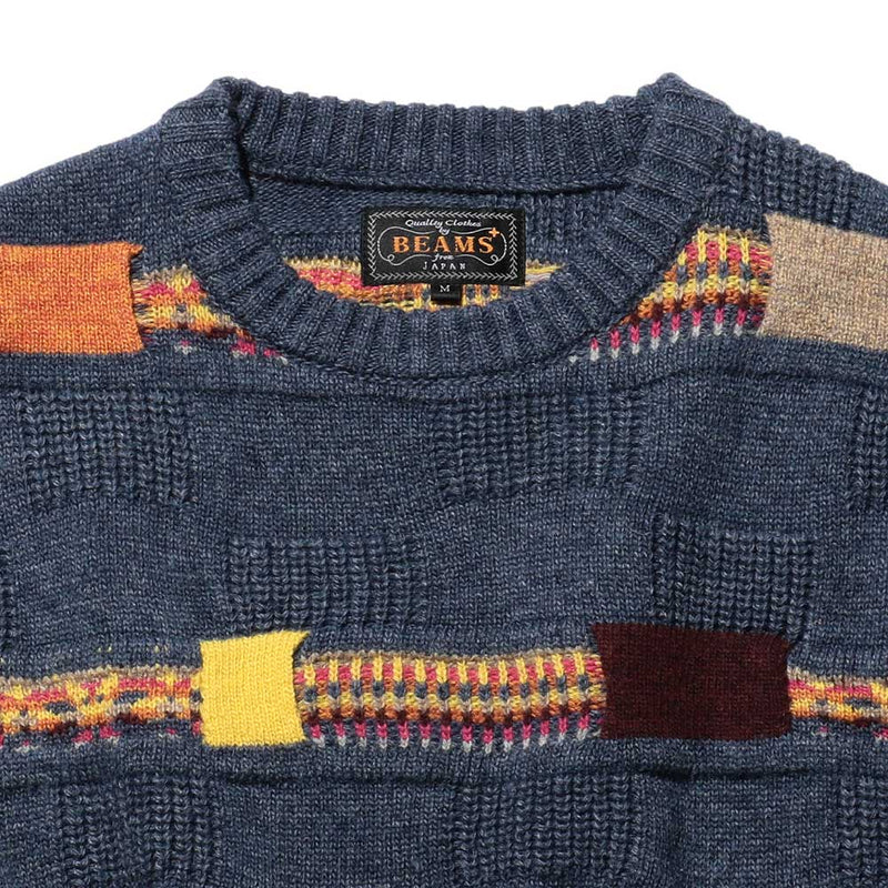 Beams Plus - Pull à col rond à rayures Fair Isle jacquard - Bleu marine