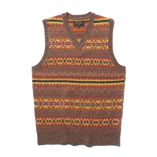 Beams Plus - Gilet motif Fair Isle - Marron clair