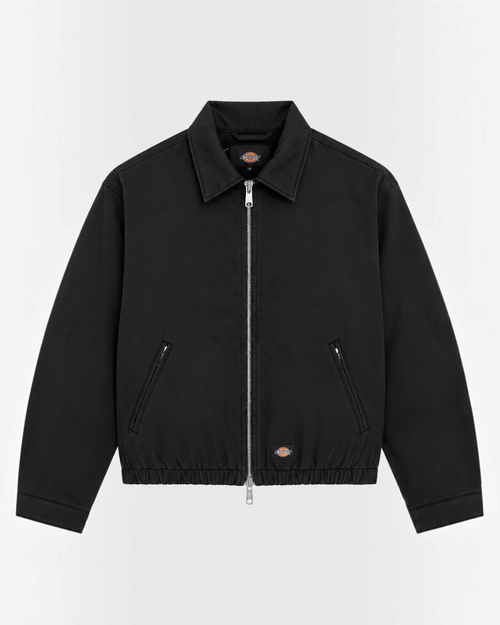 Black cotton Eisenhower jacket from Merci Paris, workwear style with zip fastening and classic collar.