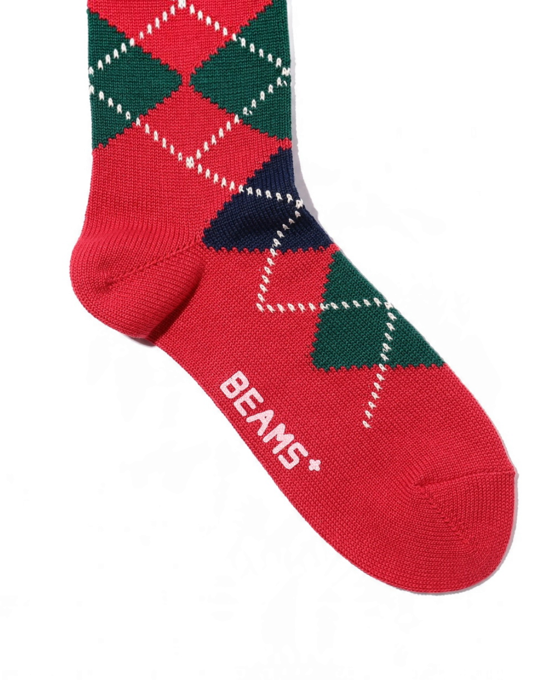 Chaussettes Merci Paris Beams Plus rouges à motif losanges argyle vert et bleu marine en coton