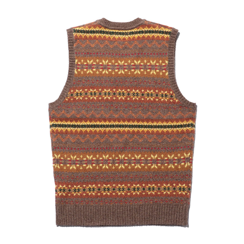Beams Plus - Gilet motif Fair Isle - Marron clair