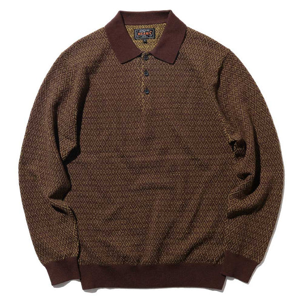 Beams Plus - Polo en maille motif diamant - Marron