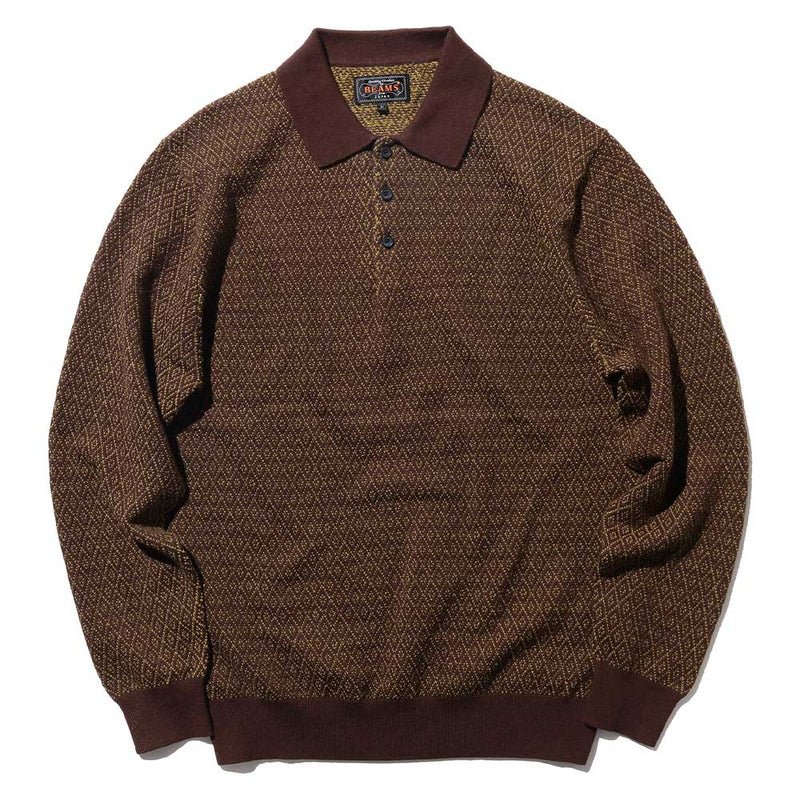 Beams Plus - Polo en maille motif diamant - Marron