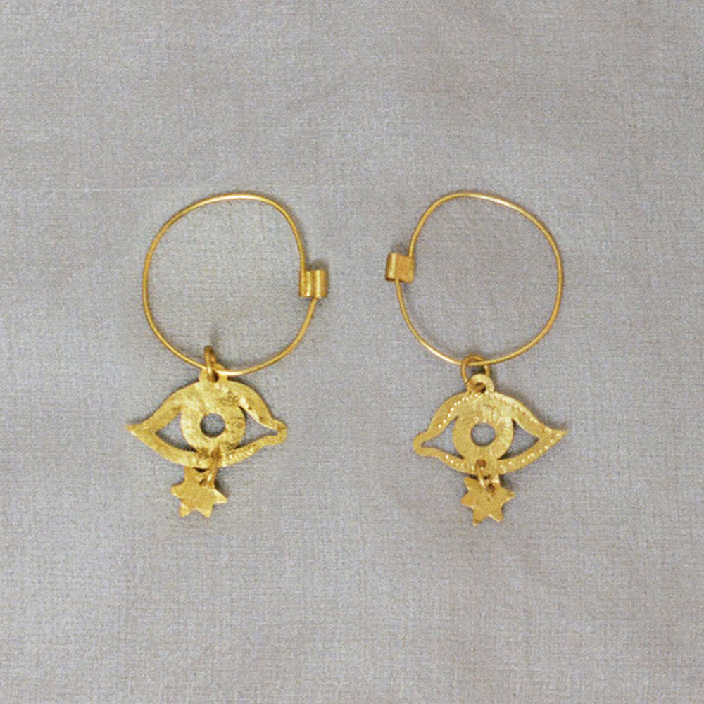 Boucles D'oreilles Après-ski Sogno - Pendentifs Dorés œil étoile - Style Ethnique - Argent Plaqué Or - Neuf Avec étiquettes