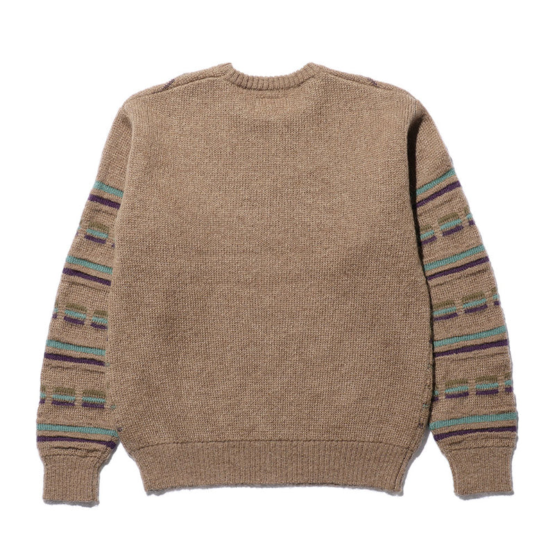 Beams Plus - Pull col rond à rayures jacquard - Marron