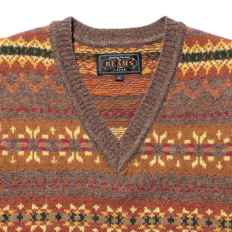 Beams Plus - Gilet motif Fair Isle - Marron clair