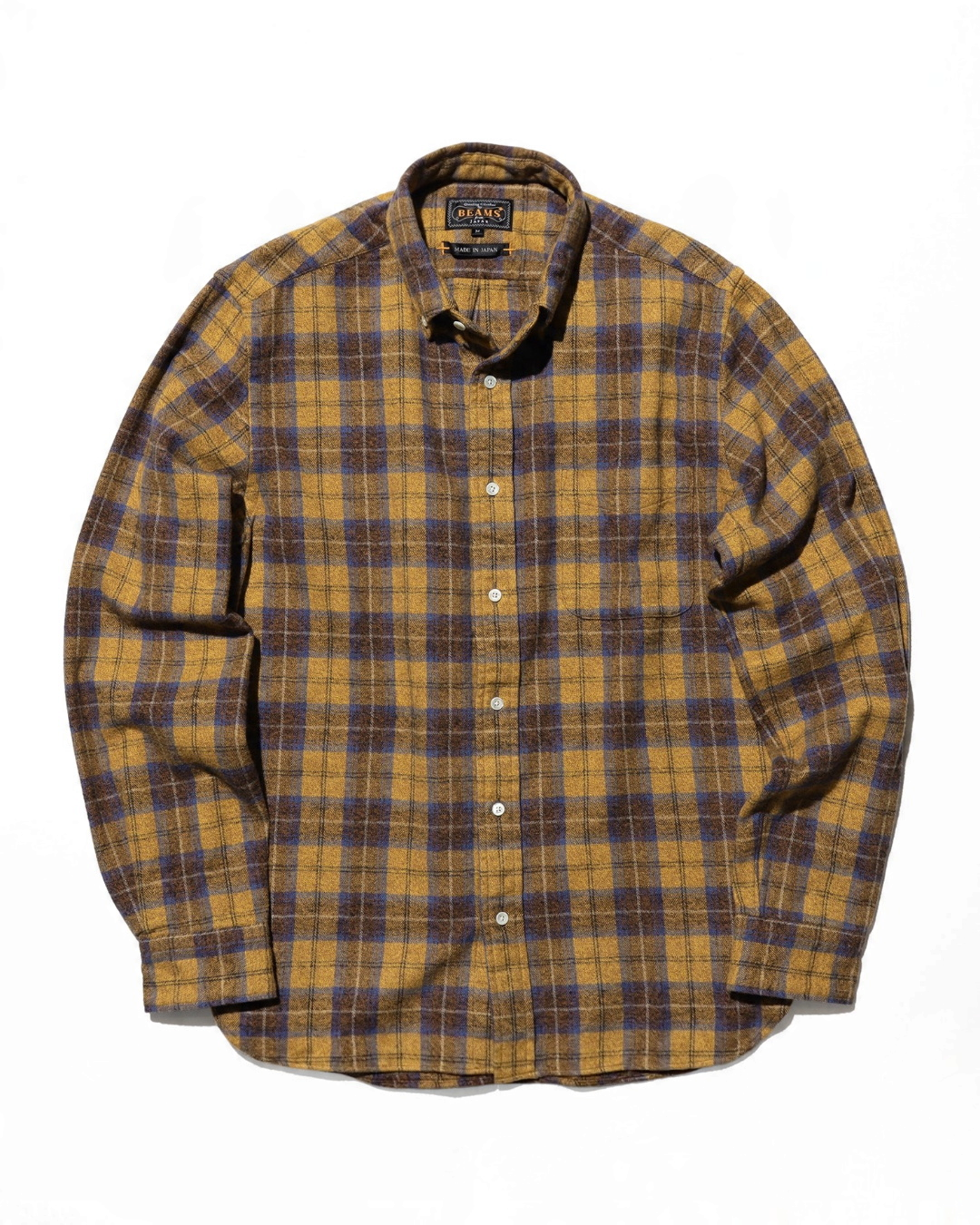 Chemise à carreaux Merci Paris Beams Plus en flanelle de coton marron et bleue avec col boutonné et finition brossée