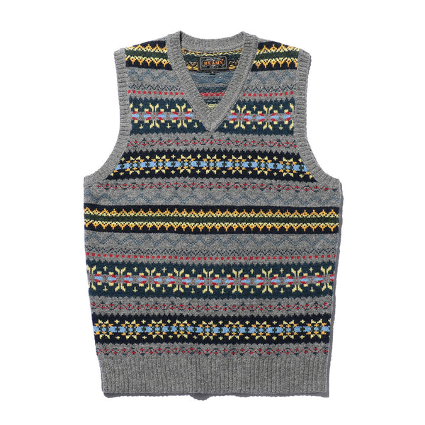 Beams Plus - Gilet motif Fair Isle - Gris
