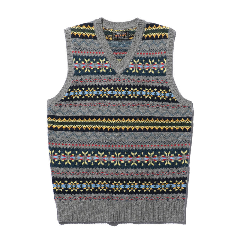 Beams Plus - Gilet motif Fair Isle - Gris