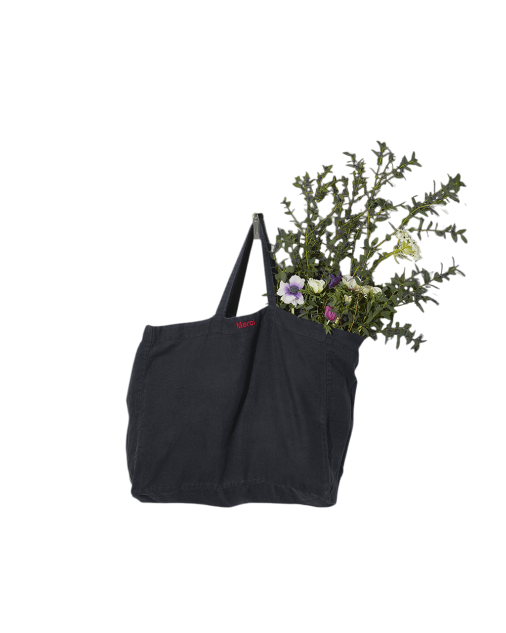 Cabas Merci Paris en lin lavé bleu encre avec aspect froissé et fleurs, idéal pour le quotidien