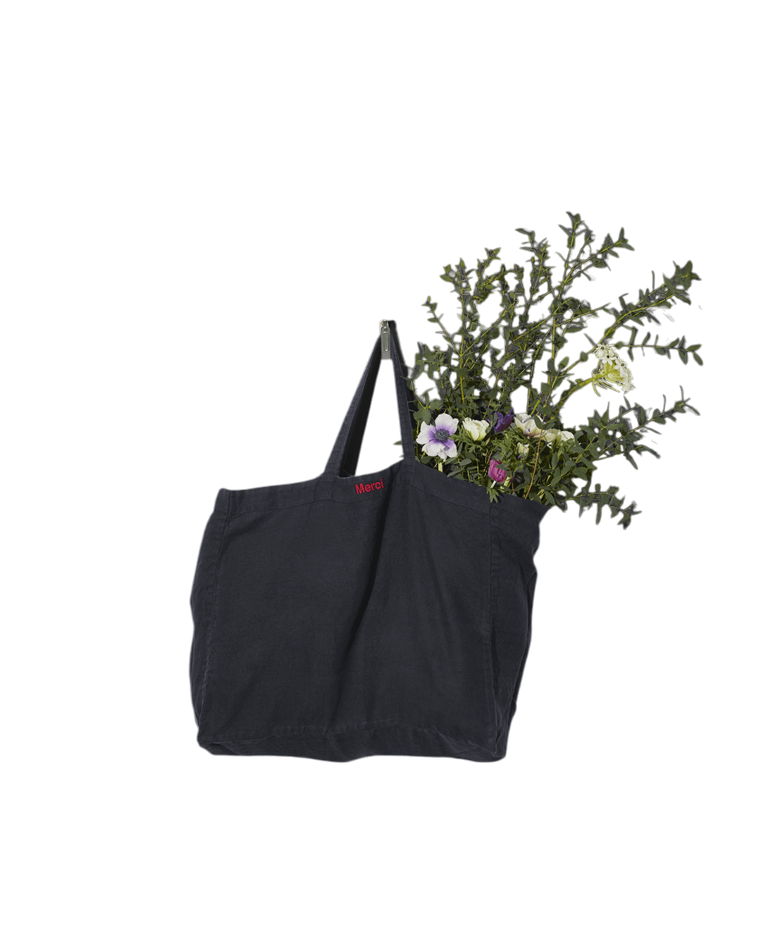 Cabas Merci Paris en lin lavé bleu encre avec aspect froissé et fleurs, idéal pour le quotidien
