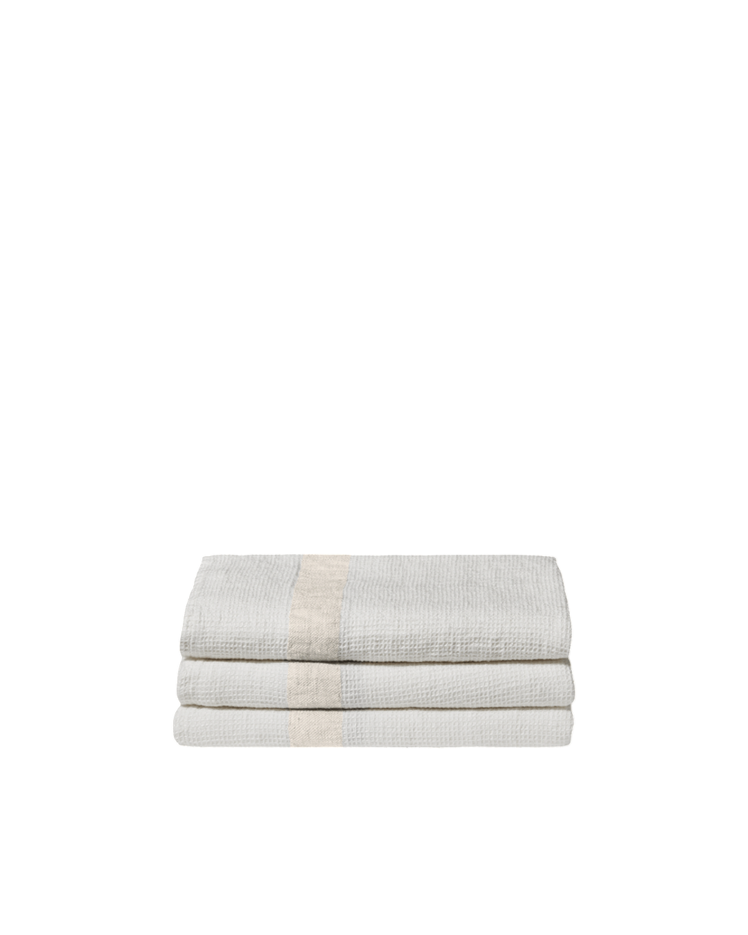 Serviette de bain Merci Paris en lin nid d'abeille blanc avec une bande décorative couleur pierre pliée sur fond noir