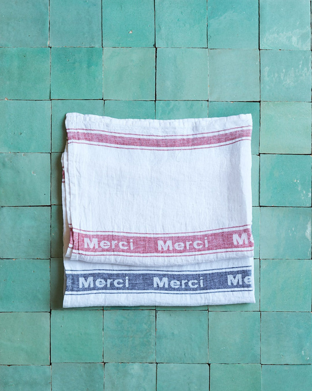 Merci - Washed linen tea towel - White and black