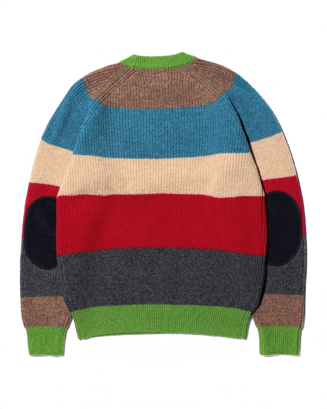 Pull Merci Paris Beams Plus en laine rayée multicolore avec coudières bleu marine et finitions vert pomme