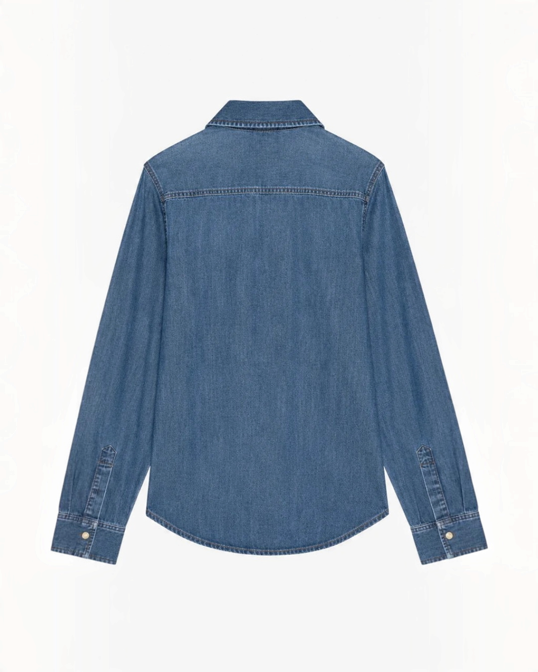 Vue arrière de la chemise Clementine en denim bleu délavé Hideaway de la marque Merci Paris avec col et poignets