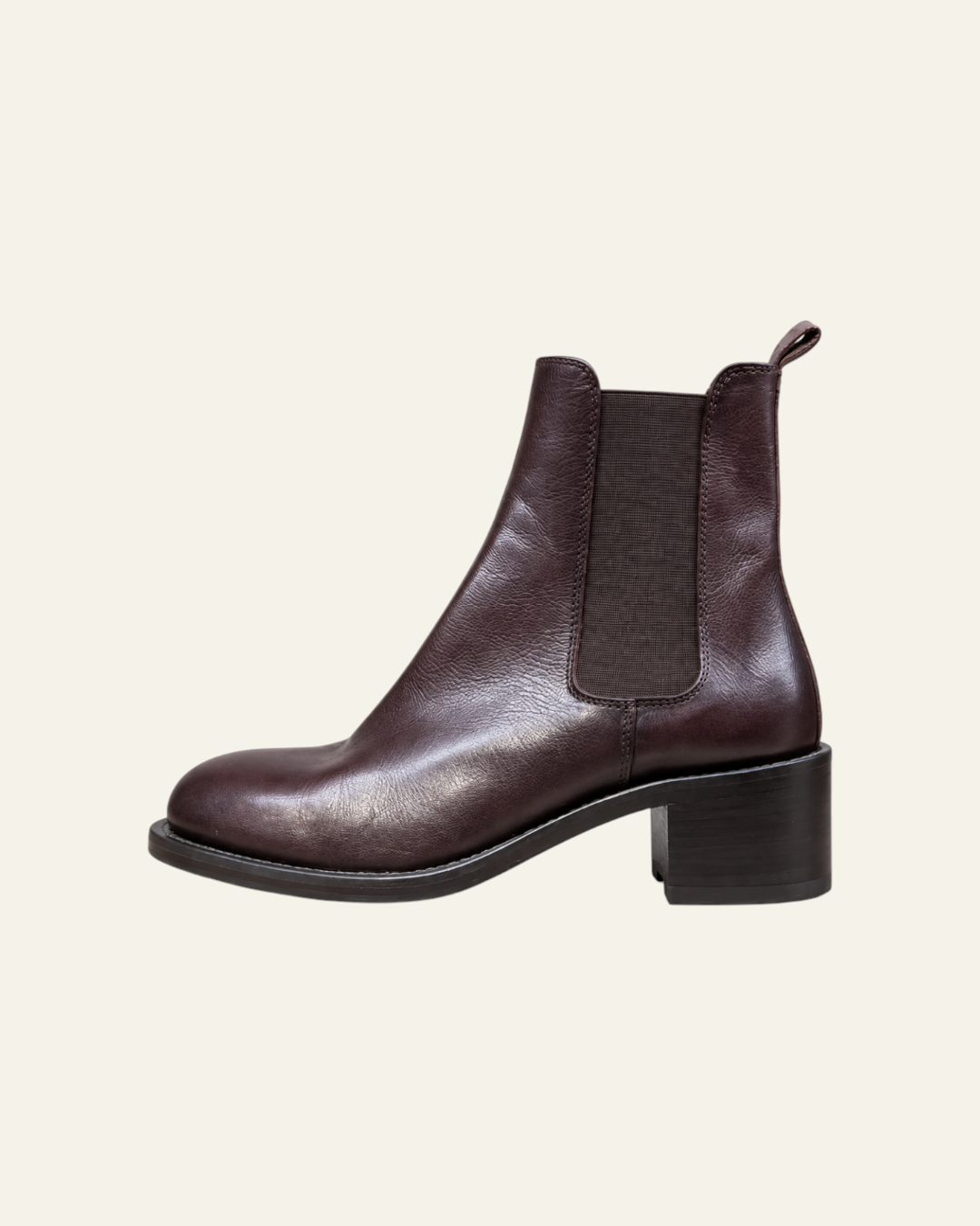 Bottines Merci Paris Elia Maurizi en cuir lisse marron foncé avec élastique latéral et talon de 4,5 cm