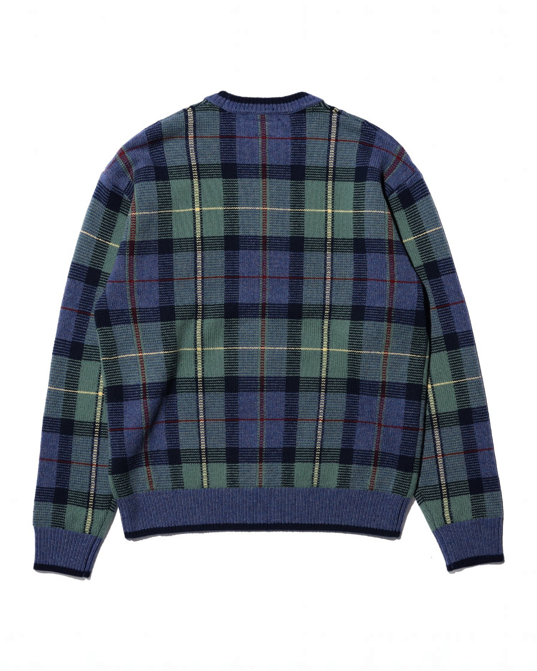 Pull Merci Paris Beams Plus en maille jacquard à motif tartan bleu, vert et ocre avec finitions en bord-côte marine