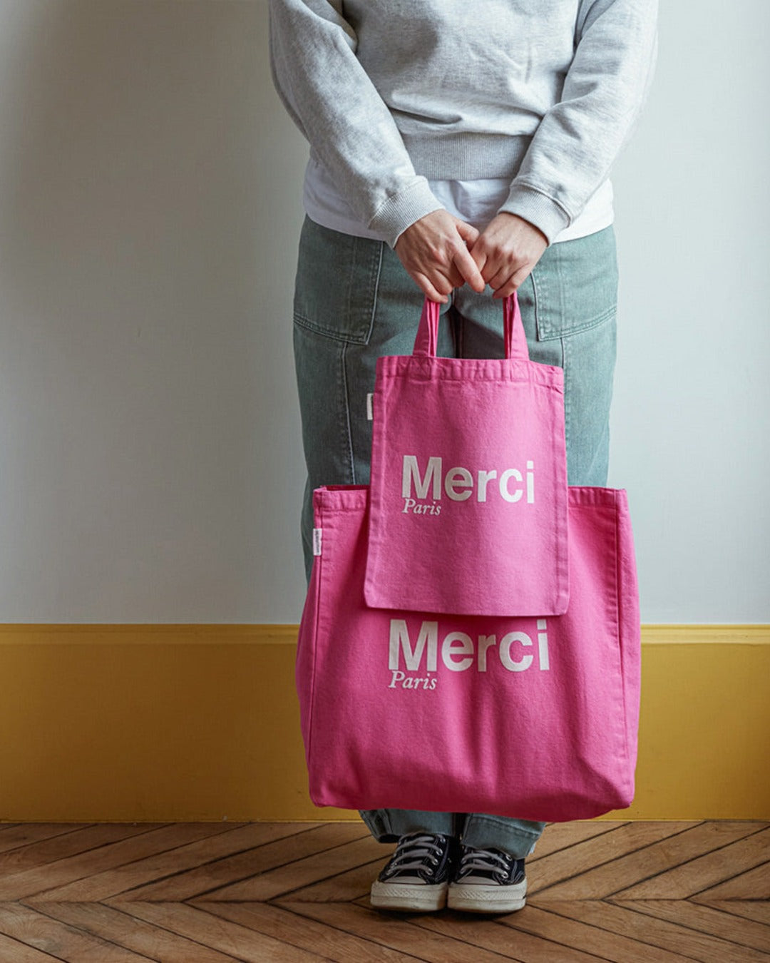 Merci - Tote Bag En Coton - Rose & Écru