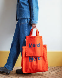 Merci - Tote Bag En Coton - Orange & Bleu Marine
