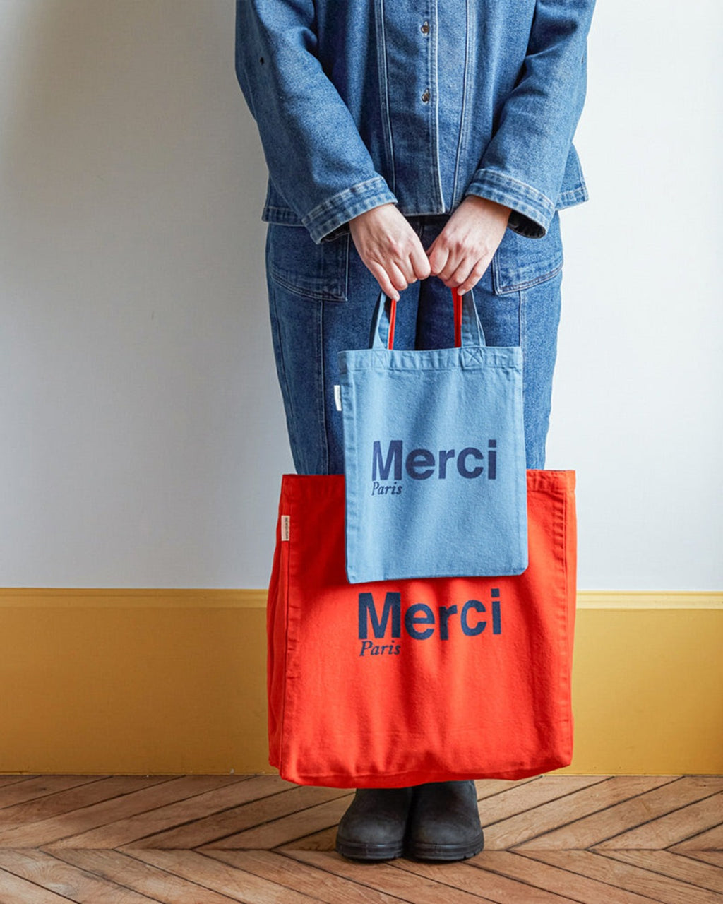 Merci - Tote Bag En Coton - Orange & Bleu Marine
