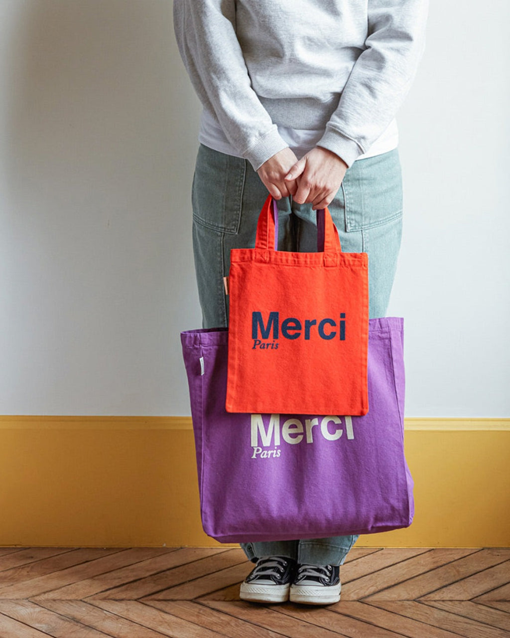 Merci - Tote Bag En Coton - Orange & Bleu Marine