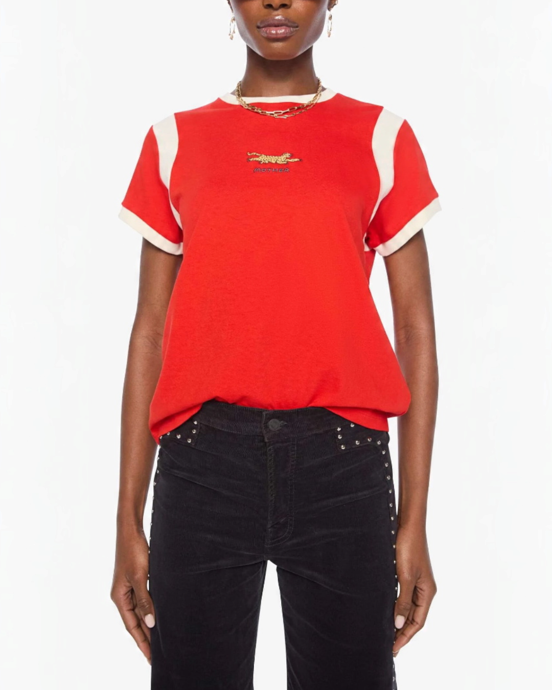 T-shirt Merci Paris Mother rouge en coton avec empiècements blancs, col rond et motif guépard sur la poitrine.