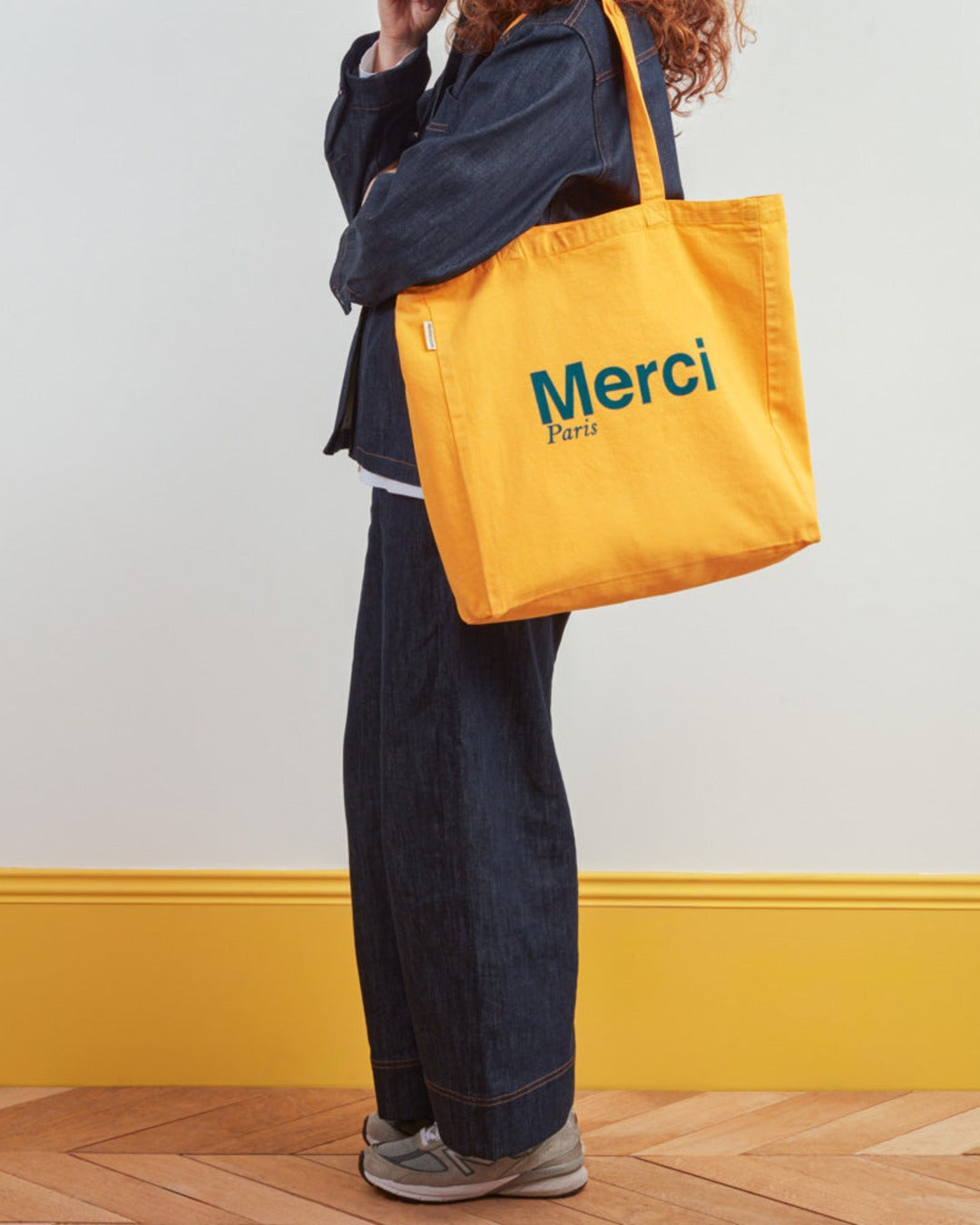 Merci - Tote Bag En Coton - Jaune & Bleu Canard