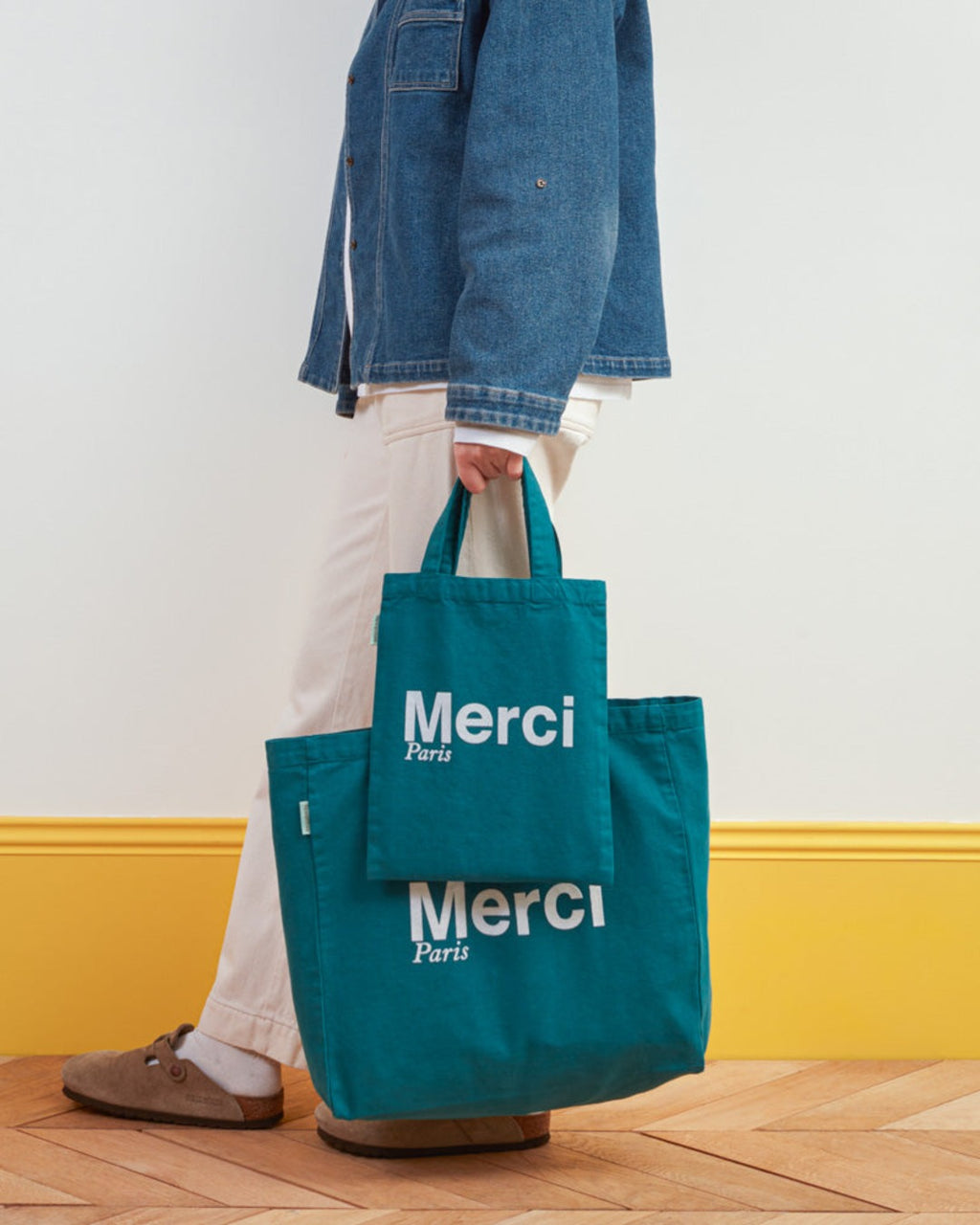 Merci - Tote Bag En Coton - Bleu Canard & Blanc