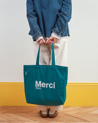 Merci - Tote Bag En Coton - Bleu Canard & Blanc