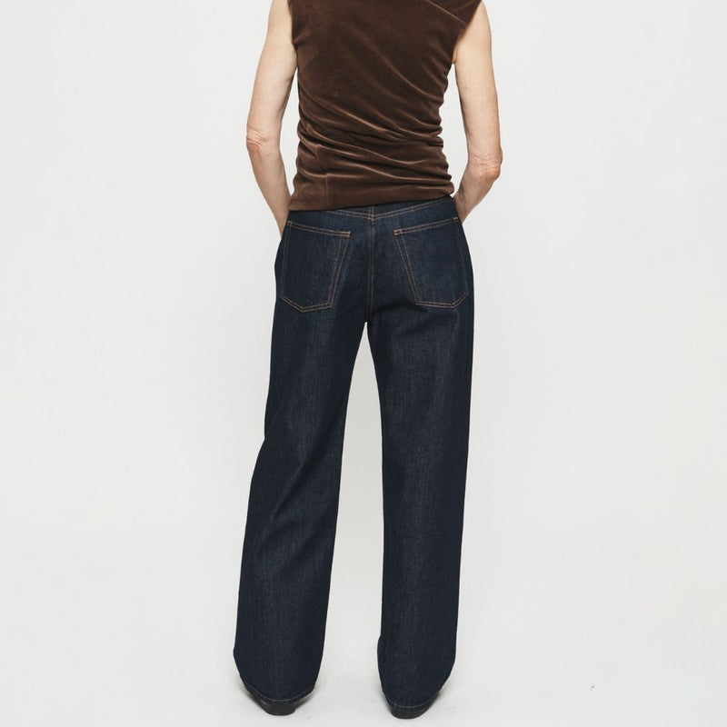 6397 - Jean large contrasté avec ceinture - Bleu marine