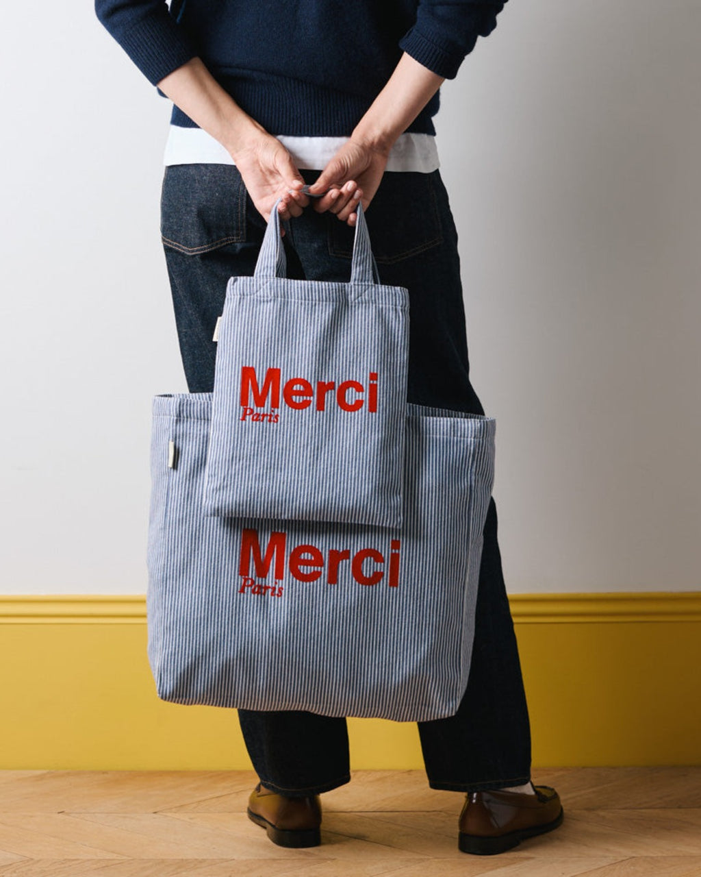 Merci - Tote Bag En Coton Hickory - Bleu Rayé