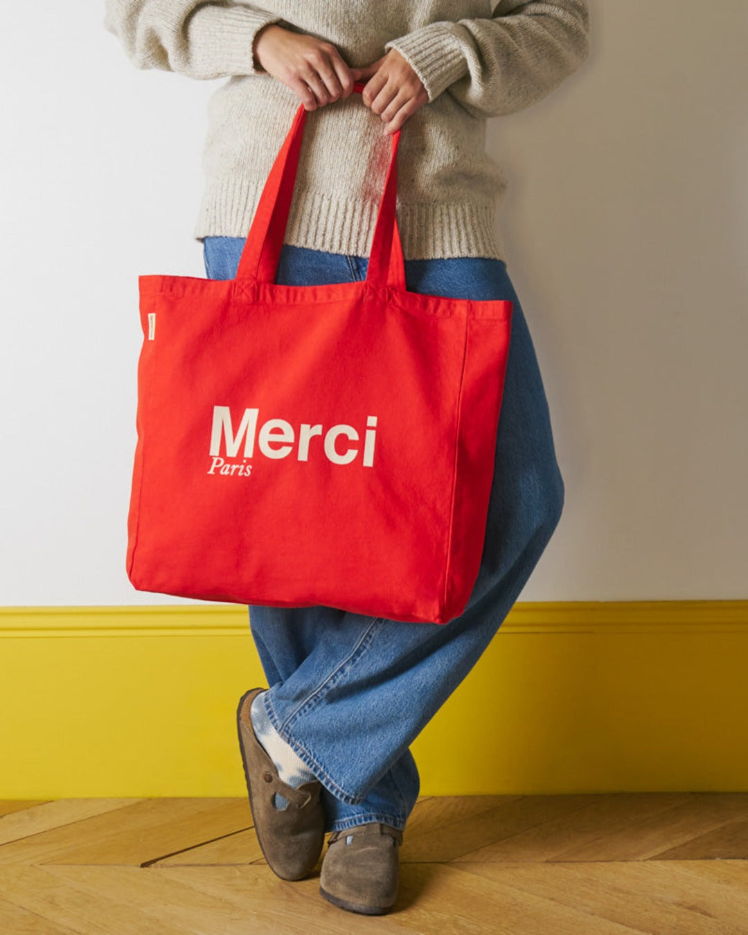 Merci - Tote Bag En Coton - Rouge & Ecru