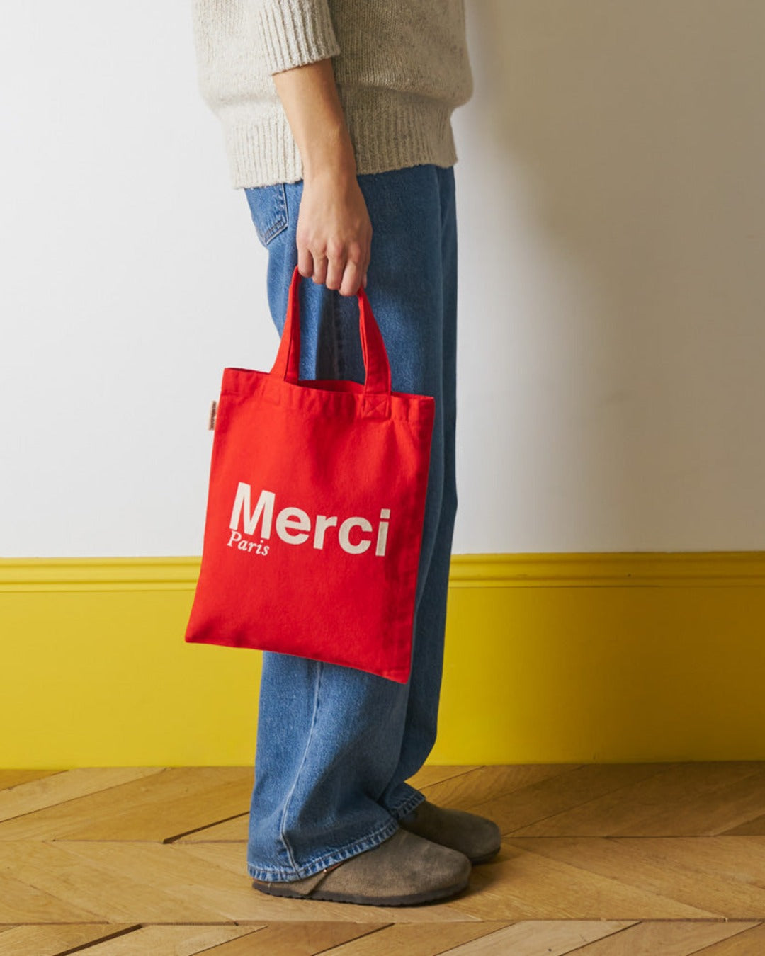 Merci - Tote Bag En Coton - Rouge & Ecru
