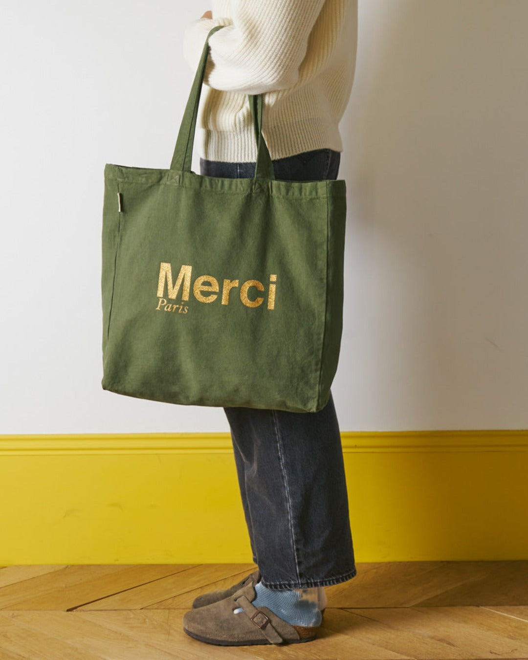 Merci - Cotton Tote Bag - Khaki & Gold