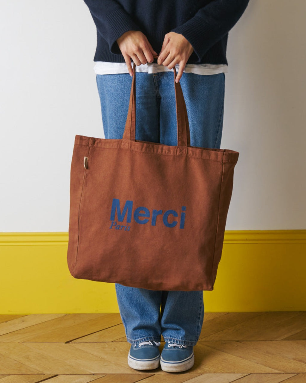Merci - Tote Bag En Coton - Marron & Marine