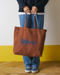 Merci - Tote Bag En Coton - Marron & Marine