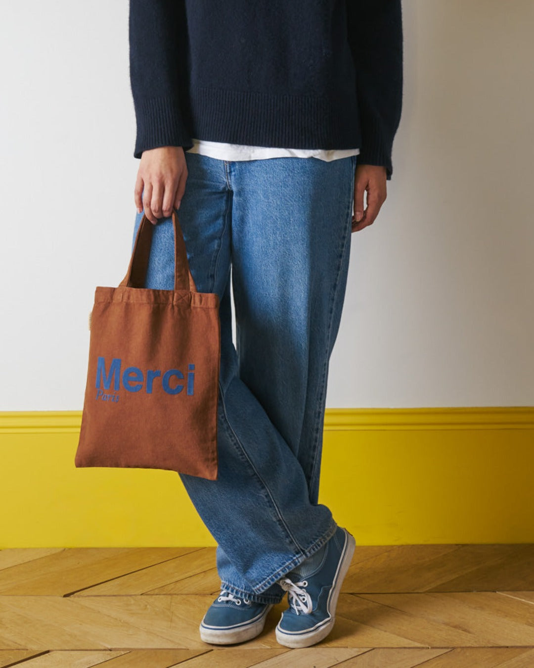 Merci - Tote Bag En Coton - Marron & Marine