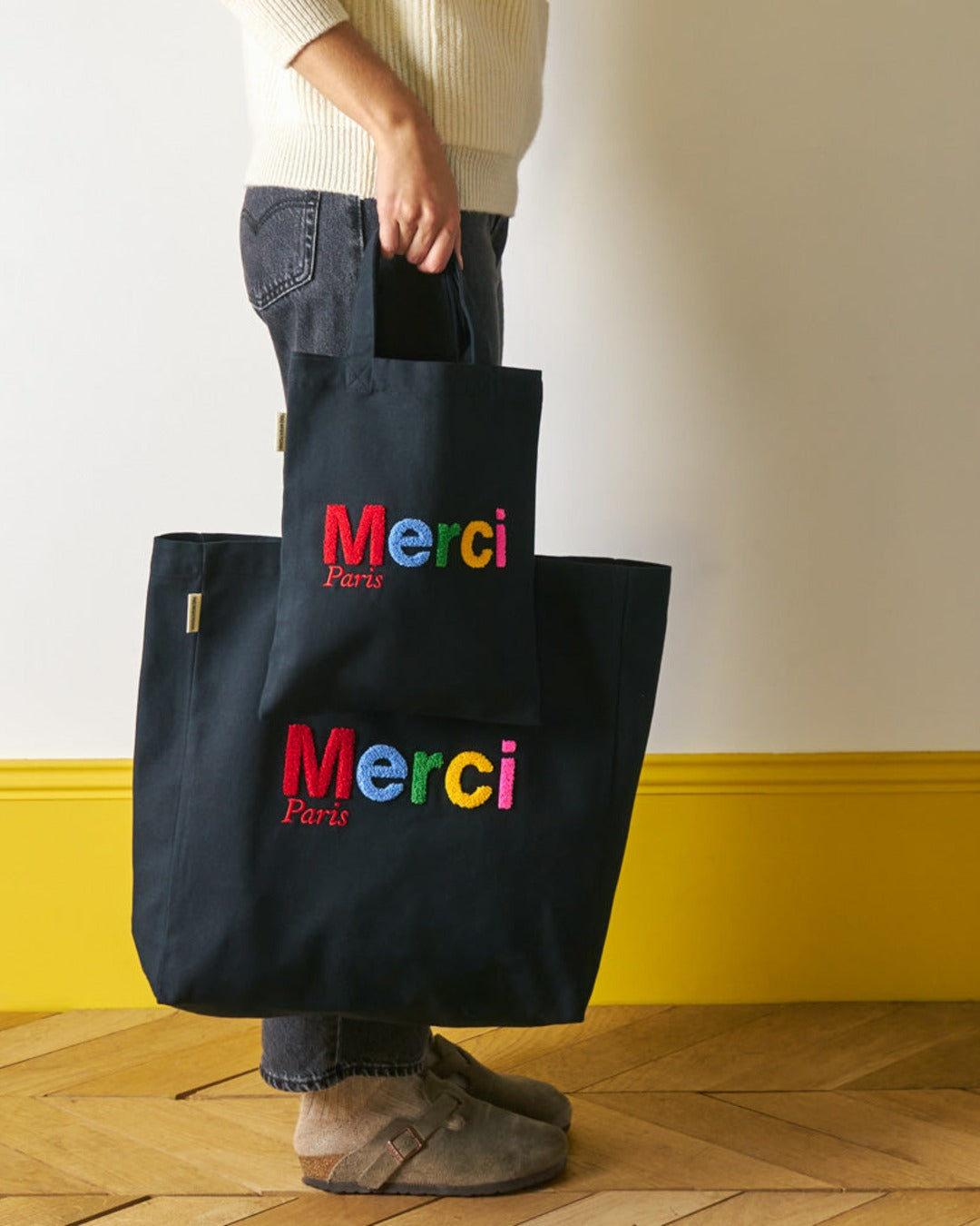 Merci - Bouclette Cotton Tote Bag - Black & Multicolor