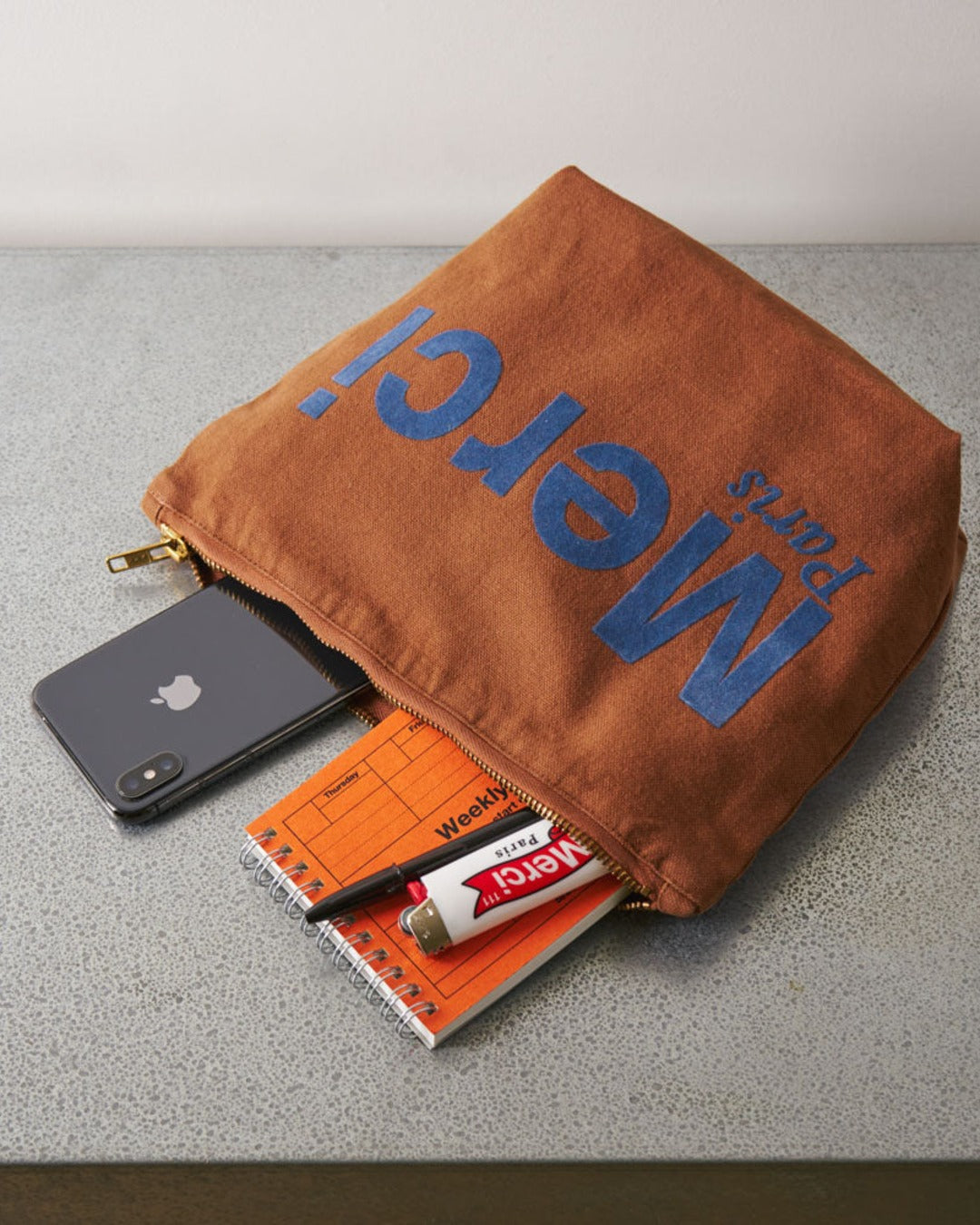 Merci - Cotton pouch - Brown & Navy