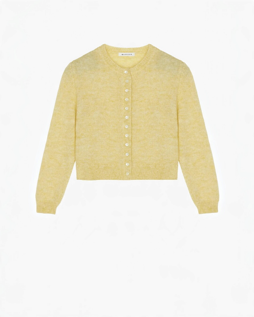 Cropped cardigan Merci Paris Masscob in lemon yellow fluffy knit, blend of mohair and merino wool
