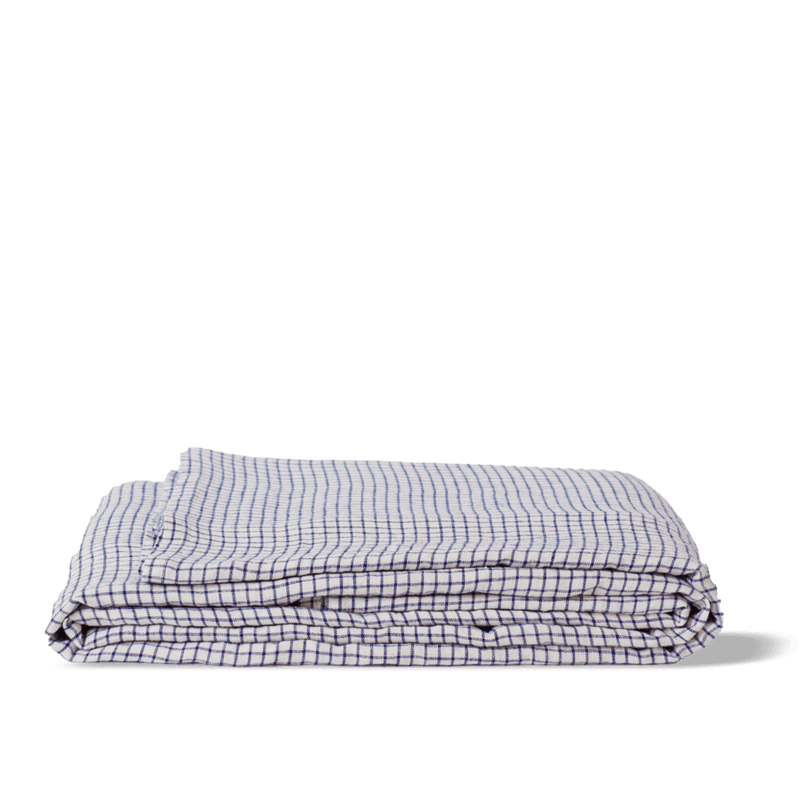 Drap plat en lin lavé - Carreaux Bleu Shibori