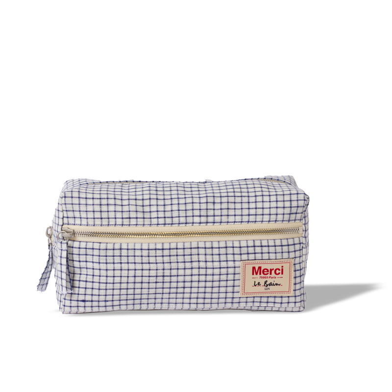 Trousse de toilette en lin lavé - Carreaux Bleu Shibori