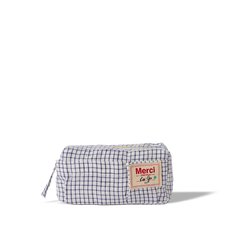 Merci - Trousse en lin lavé - Carreaux Bleu Shibori